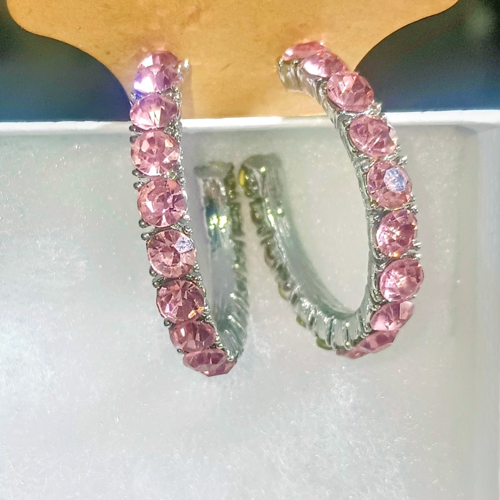 2/$20.      Elegant Pink Crystal Hoop Earrings